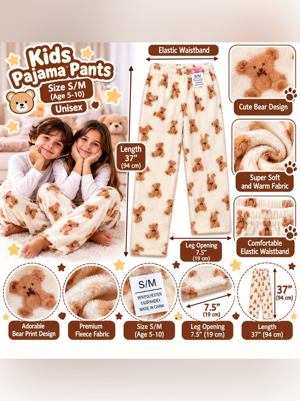 Kids Fleece Pajama Pants S/M Soft Plush Warm Boys Girls Sleepwear Lounge Pants